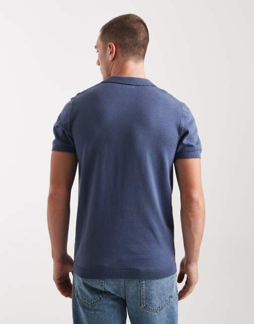 New Look – Gestricktes Polo-Oberteil in Blau mit durchgehender Knopfleiste, 3 von 5