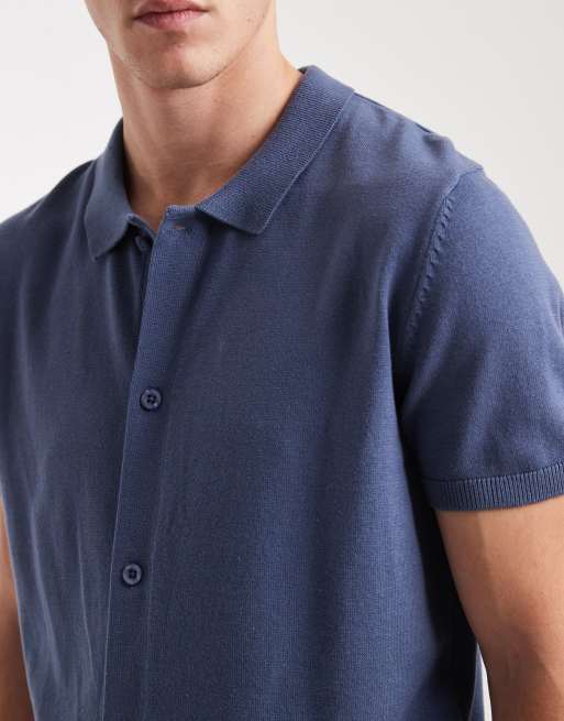 New Look – Gestricktes Polo-Oberteil in Blau mit durchgehender Knopfleiste, 5 von 5