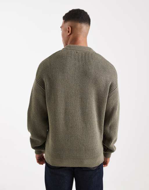 New Look – Gestricktes Polohemd in zweifarbigem Khaki mit Patentmuster, 3 von 5