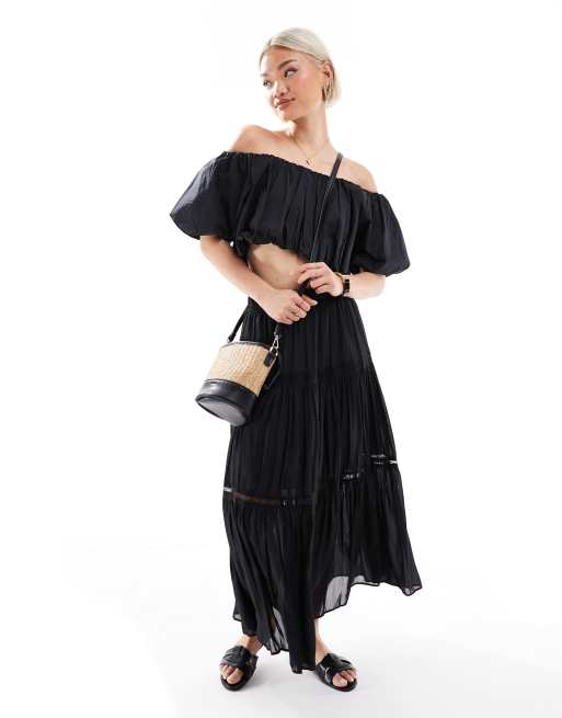 New Look – Gestufter Midirock in Schwarz mit Knitterstruktur und Spitzeneinsatz, 5 von 5