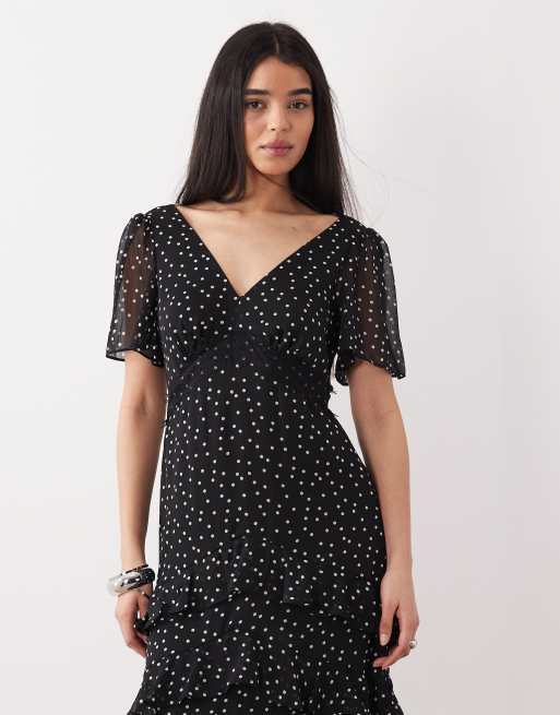 New Look – Gestuftes Chiffon-Maxikleid in Schwarz mit Polka Dots, 2 von 4
