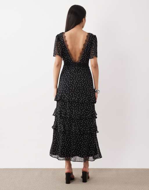 New Look – Gestuftes Chiffon-Maxikleid in Schwarz mit Polka Dots, 4 von 4