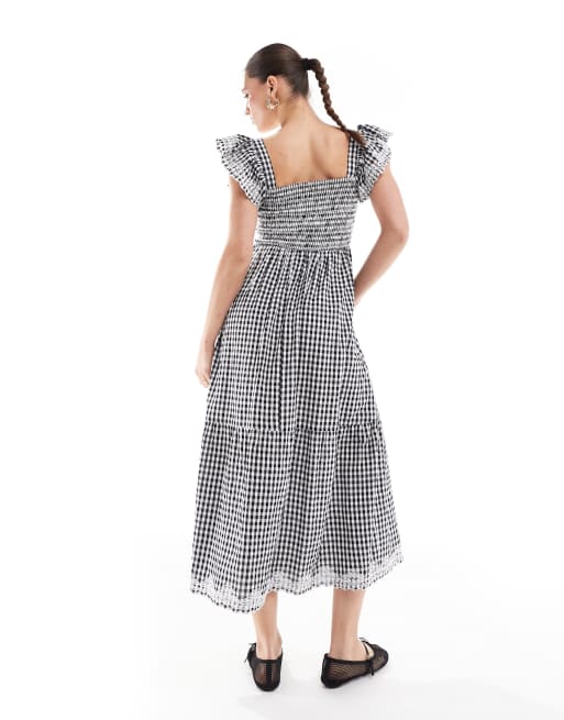 New Look – Gestuftes Midikleid mit Rüschenärmeln und schwarz-weißen Vichy-Karos, 4 von 4