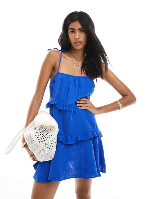 New Look – Gestuftes Mini-Sommerkleid in Blau