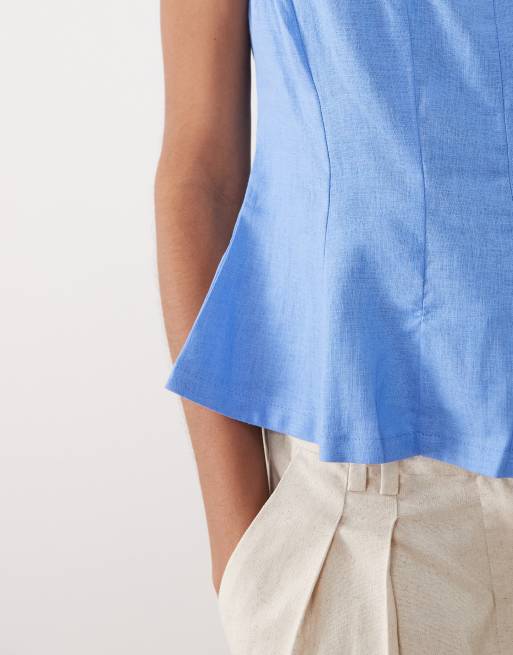 New Look - Getailleerde top van linnenmix in blauw, 3 van 4