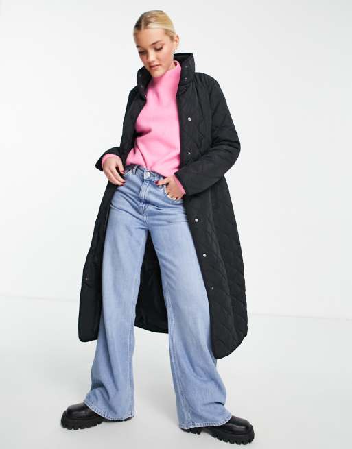 New Look - Gewatteerde midi-jas met riem in zwart