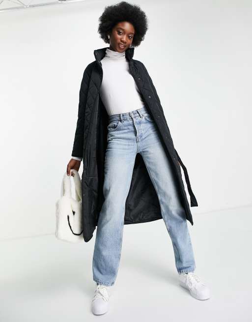 New Look - Gewatteerde midi-jas met riem in zwart