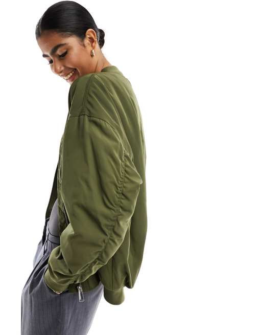 New Look - Giacca bomber kaki con taglio asimmetrico