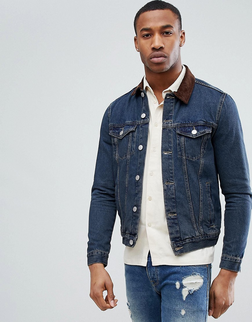 New Look - Giacca di jeans lavaggio medio con colletto in velluto a coste-Blu