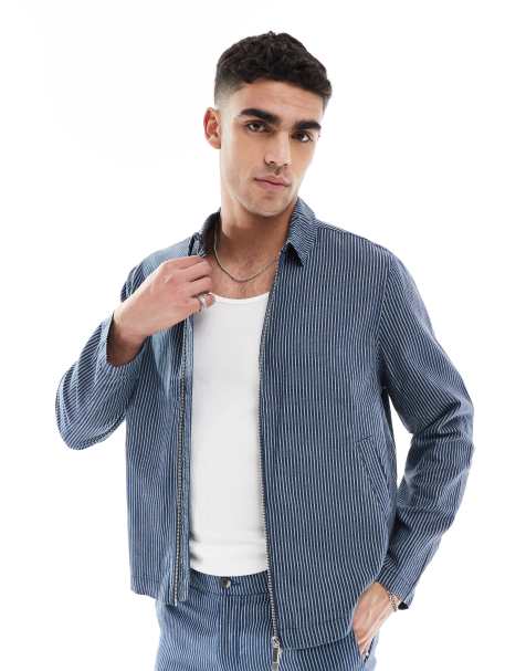 New Look - Giacca harrington blu a righe effetto lino in coordinato - view 1
