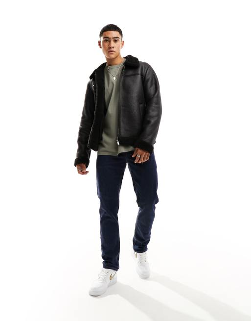 New Look - Giacca stile aviatore nera con dettagli in montone sintetico