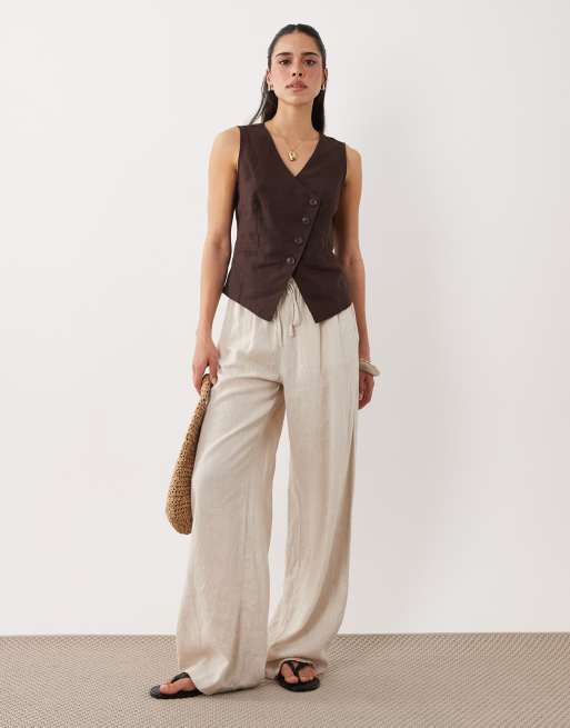 New Look - Gilet asimmetrico in misto lino marrone, 2 di 4