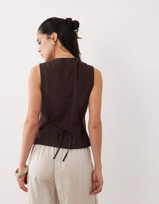 New Look - Gilet asimmetrico in misto lino marrone, 4 di 4