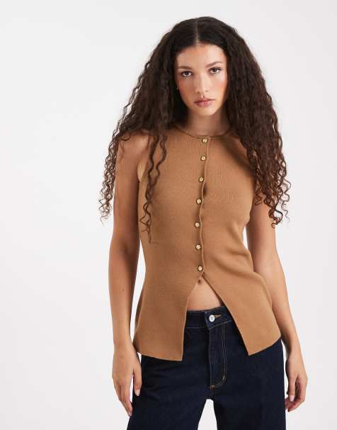 New Look - Gilet de costume boutonné en maille - Camel - view 1