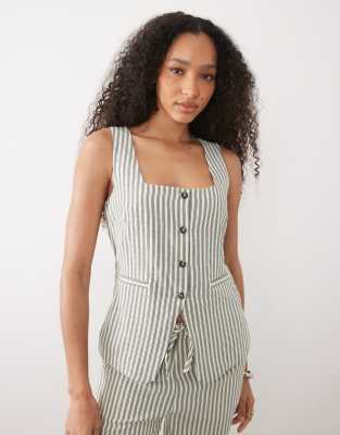 Gilet de tailleur d'ensemble boutonné à rayures - Crème-Bleu 44