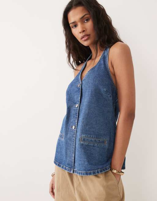 New Look - Gilet de tailleur dos nu en jean - Bleu moyen, 2 de 4