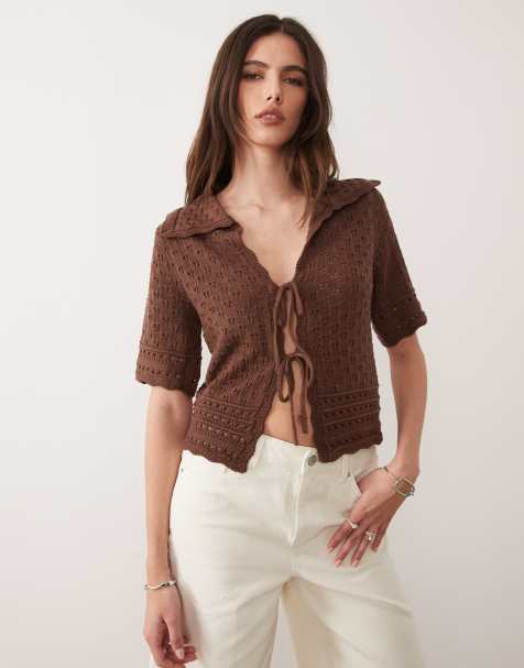 New Look - Gilet en maille pointelle avec col et liens noués sur le devant - Marron - view 1