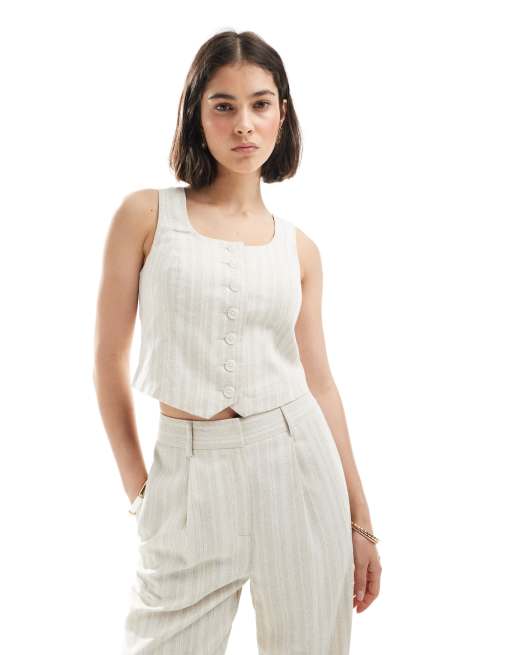 New Look - Gilet in lino color crema a righe con scollo rotondo in coordinato