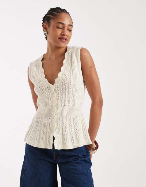 New Look - Gilet in maglia color crema stretto in vita - view 1