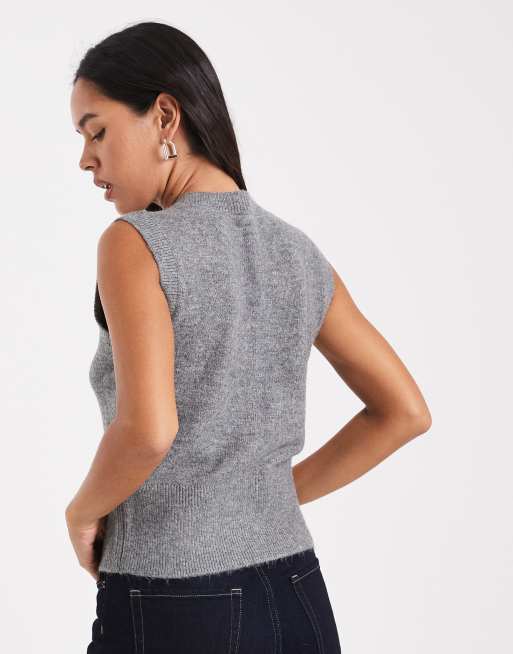 New Look - Gilet in maglia grigia girocollo con bottoni, 4 di 4