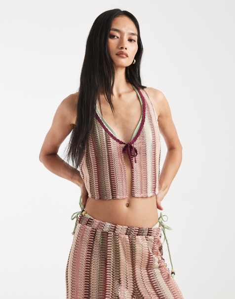 New Look - Gilet rosa a righe all'uncinetto in coordinato - view 1