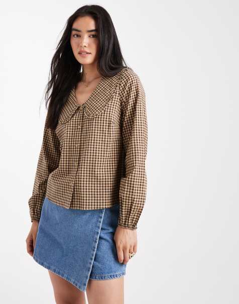 New Look gingham collared shirt in brown - view 1