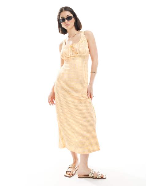 New Look gingham crinkle milkmaid midi dress in orange - view 1