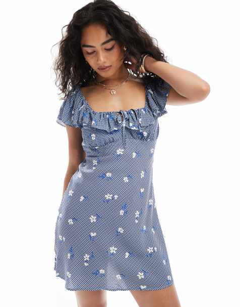 New Look gingham floral square neck frill mini dress in blue - view 1