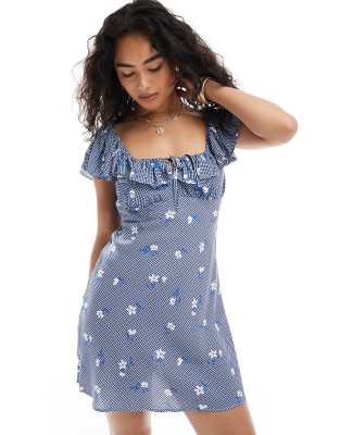 [New Look] New Look gingham floral square neck frill mini dress in blue 6 Blue pattern