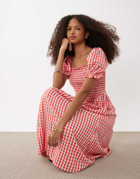 New Look gingham shirred midi dress in pink pattern - view 1