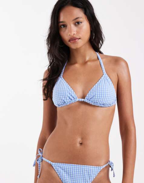New Look gingham triangle bikini top in blue