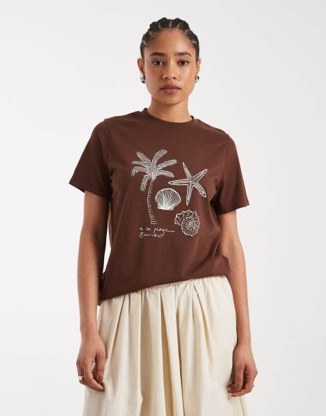 New Look – Girlfriend-T-Shirt in Braun mit Palmen-Muschel-Print - view 1
