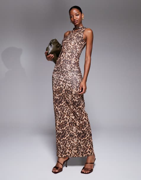 New Look - Gladde midi-jurk met luipaardprint en strik aan de hals in bruin - view 1