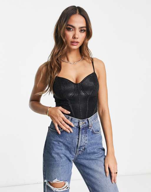 Tall Black Corset Detail Woven Bodysuit