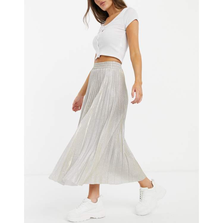 Silver pleated midi shop skirt new look