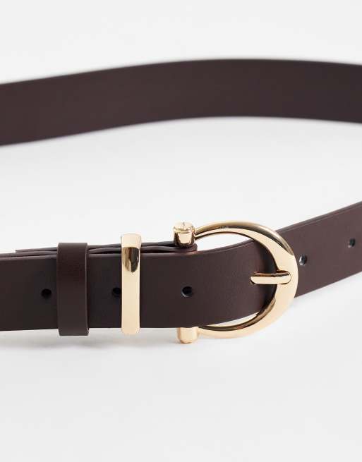 New Look gold buckle belt in brown, 2 of 3