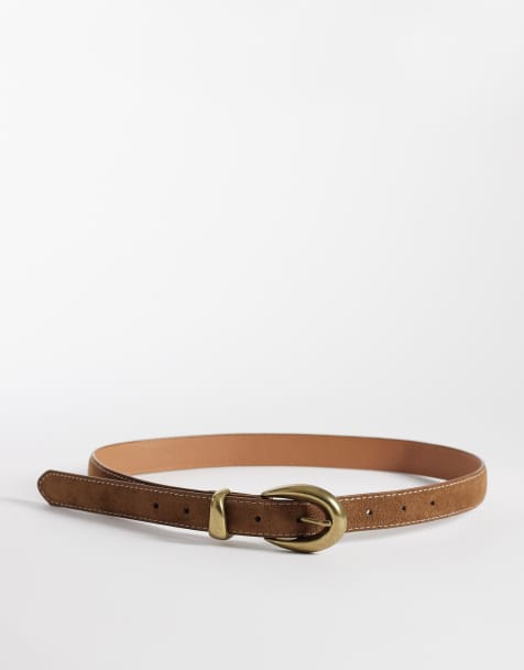 New Look gold buckle suedette belt in tan - view 1