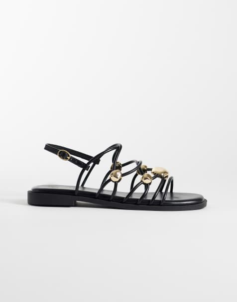 New Look gold stone detail multistrap sandal in black - view 1
