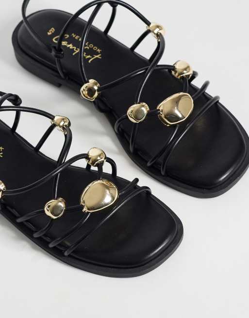 New Look gold stone detail multistrap sandal in black, 3 of 4