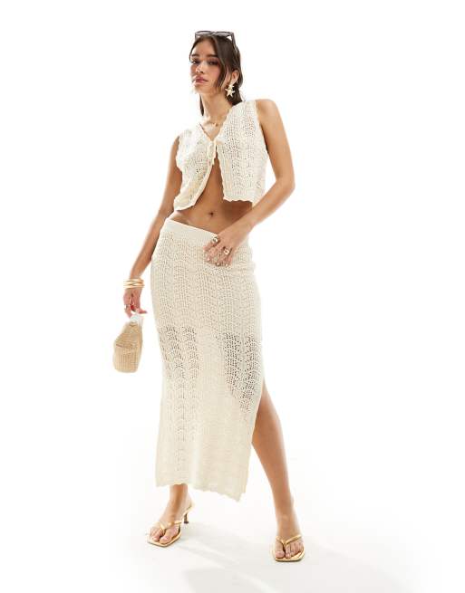 New Look - Gonna in maglia color crema con motivo a onde in coordinato