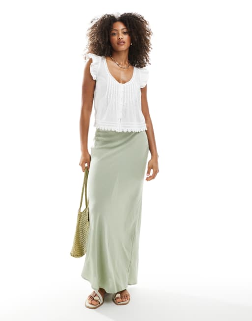 New Look - Gonna lunga color verde chiaro in misto lino con taglio sbieco