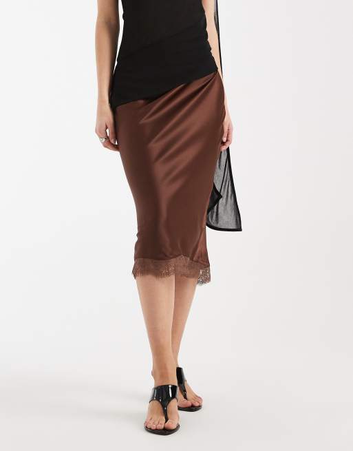New Look - Gonna lunghezza media in raso marrone con finiture in pizzo, 3 di 5