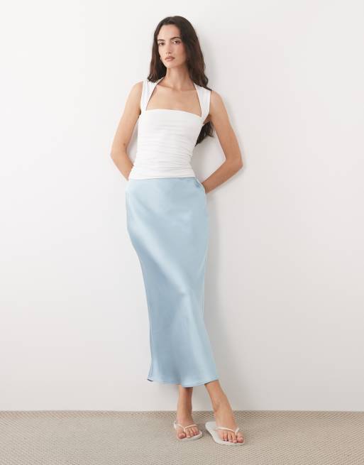 New Look - Gonna midi in raso azzurro con taglio sbieco
