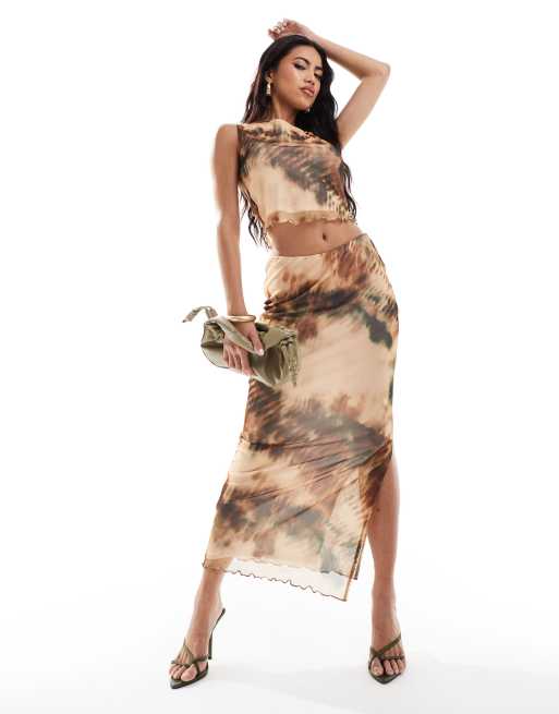 New Look - Gonna midi in rete arancione con stampa sfocata
