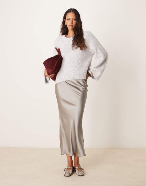 New Look - Gonna midi taglio sbieco in raso grigia