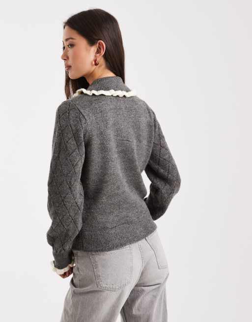 New Look - Grå cardigan med krave og argyle-mønster, 4 af 4