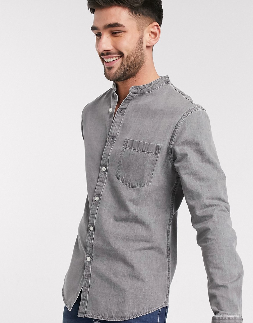 New Look – Grå jeansskjorta med lång ärm och murarkrage