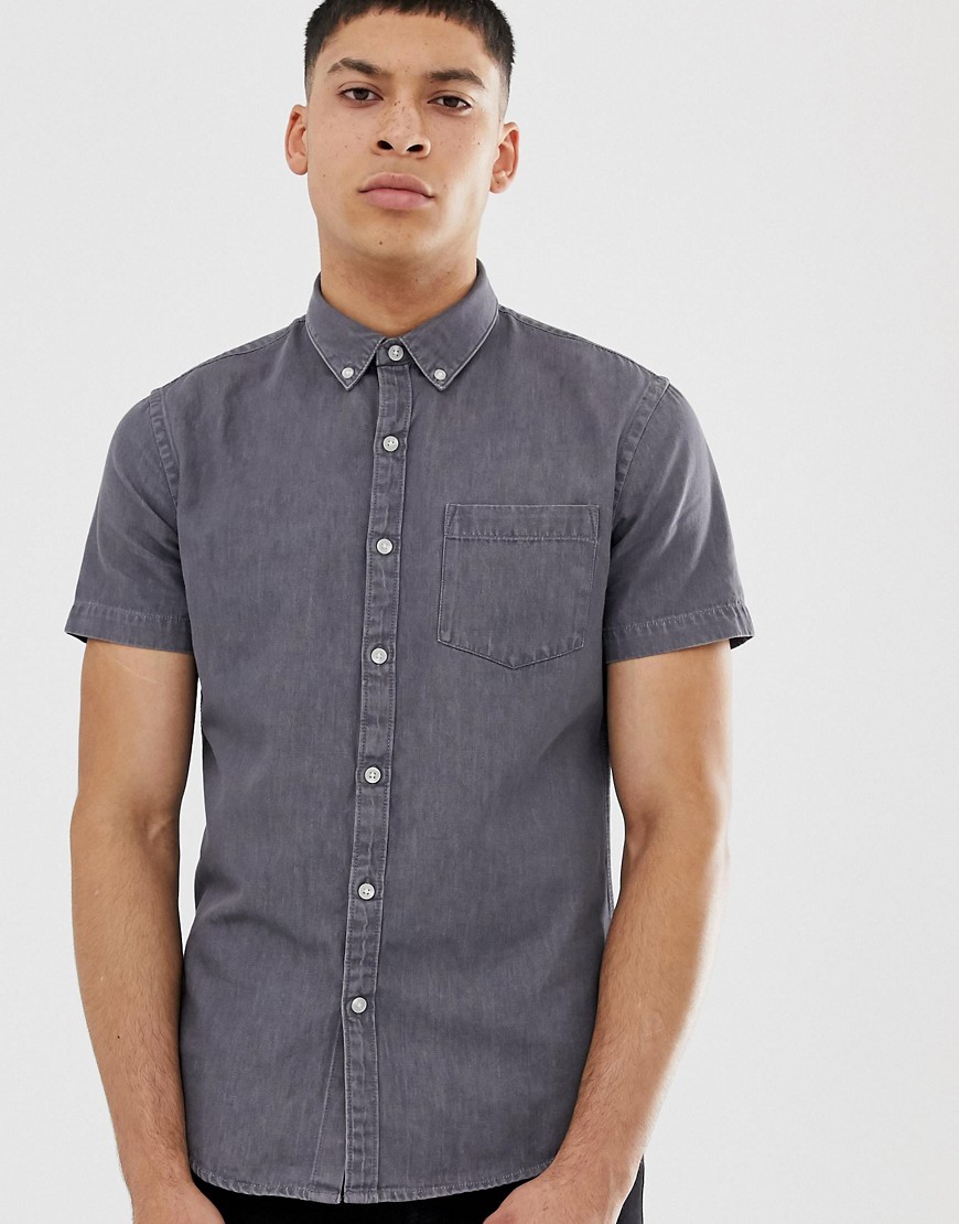 New Look – Grå kortärmad jeansskjorta med normal passform