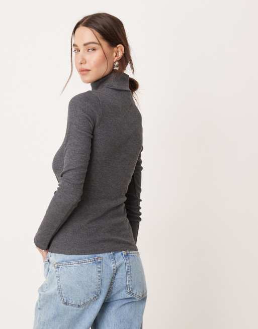 New Look - Grå og ribstrikket rullekrave-top med lange ærmer, 4 af 4