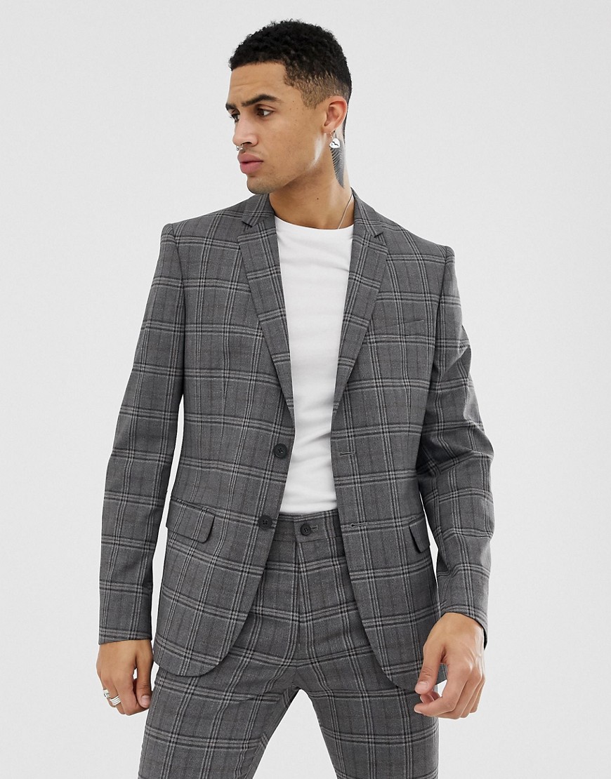 New Look – Grå, rutig kostymjacka med smal passform